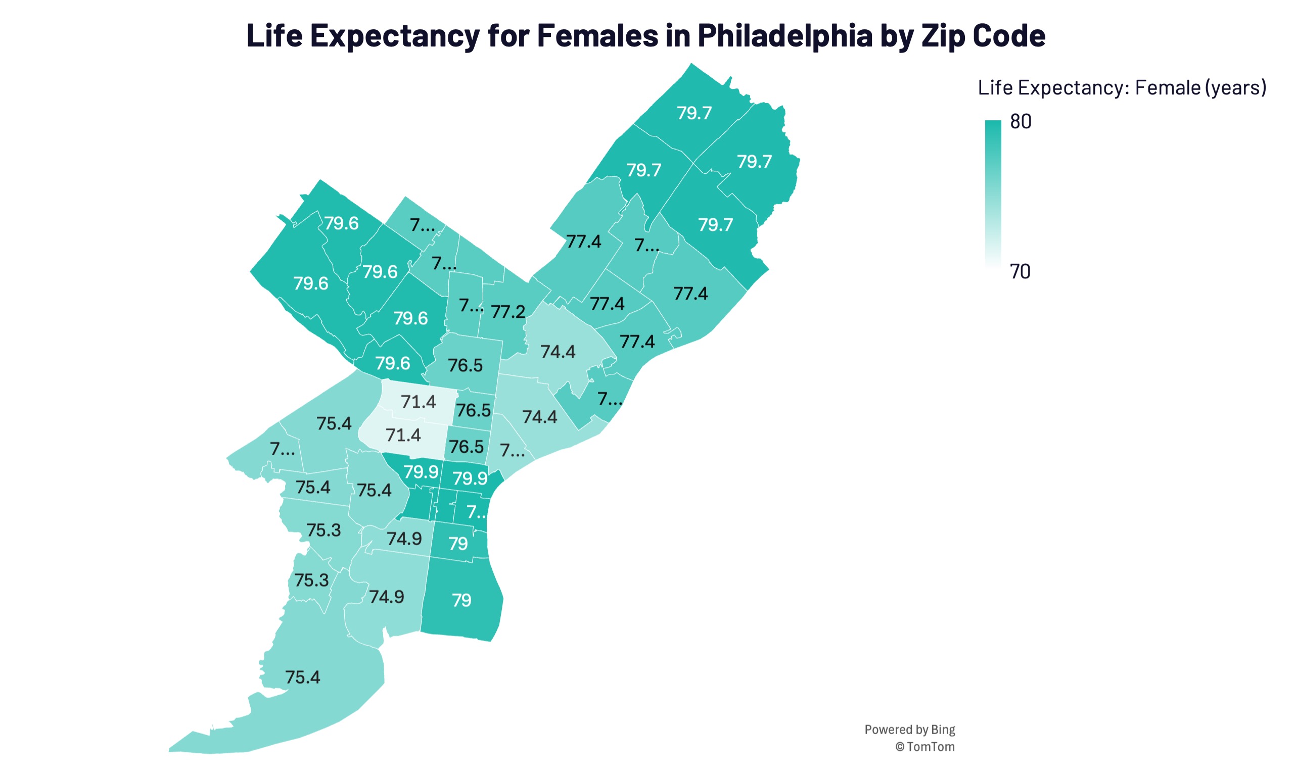Female Life Expectancy by Philadelphia Zip Code