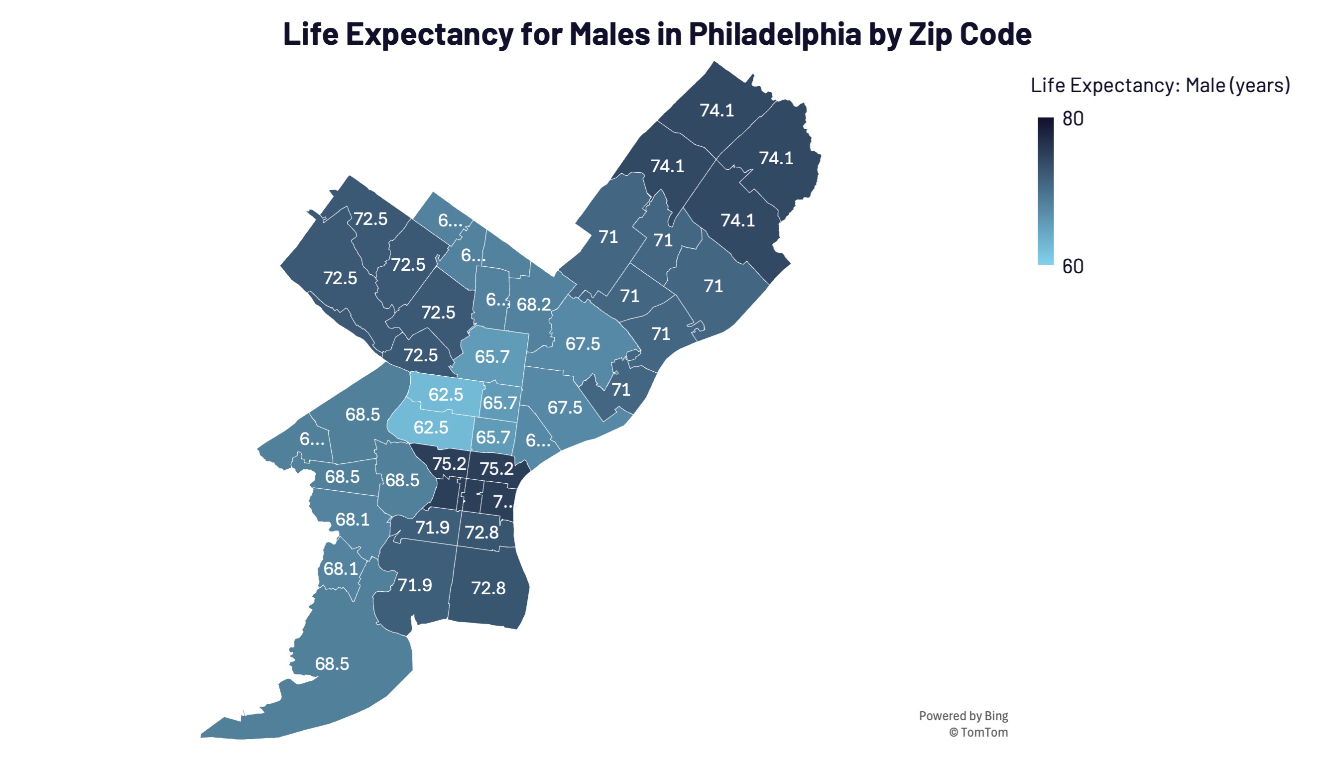 Male Life Expectancy by Philadelphia Zip Code
